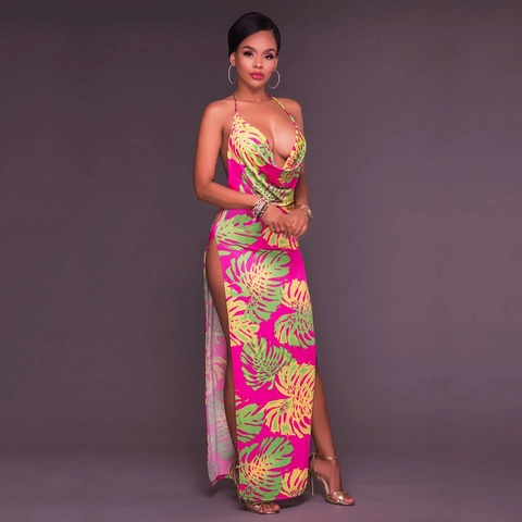 Damen Sexy Neckholder Tief V Rückenfrei Tropischer Druck Maxi Kleid Hoher Schlitz Sommerurlaub Elegant Ärmelloses Langes Kleid