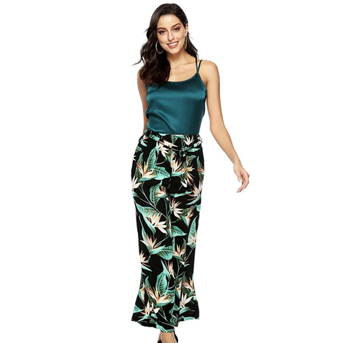Women Elegant Tropical Floral Printed Polyester Spandex Top And Bottom Casual Loose High Waist Wide Leg Pants Camisole Clothes