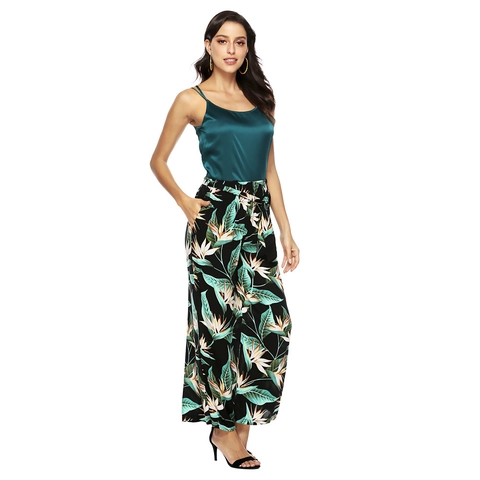 Women Elegant Tropical Floral Printed Polyester Spandex Top And Bottom Casual Loose High Waist Wide Leg Pants Camisole Clothes
