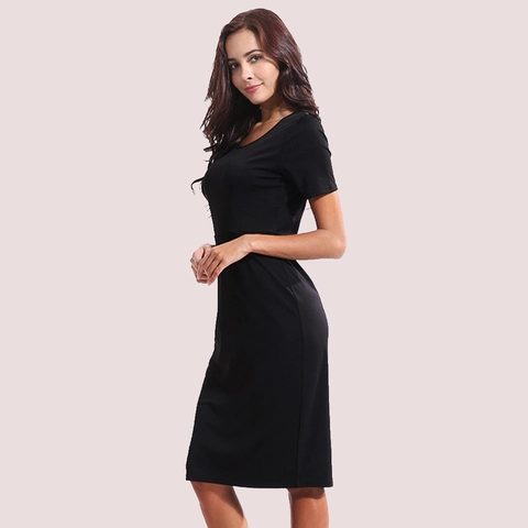 Damen Casual Slim Fit Kurzarm Kleines Schwarzes Kleid Rundhals Hohe Taille Bodycon Midi Kleid Für Büro Pendler