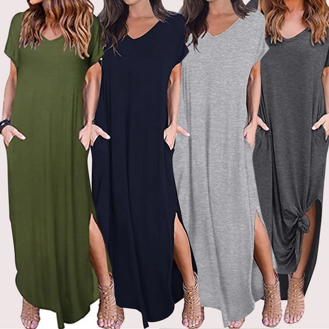 Women's Summer V-Neck Short Sleeve Maxi Dress Loose Casual Solid Color Split Hem Long Dress With Pockets Modal Blend Dress