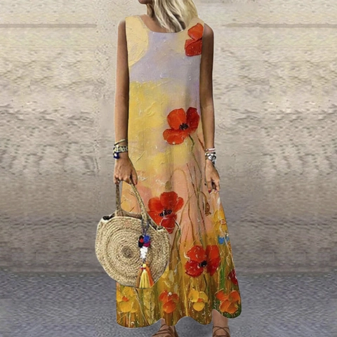 Vestito Lungo Maxi da Donna Senza Maniche Casual Girocollo Ampio Bohemian Stampa Floreale Artistica Estate Spiaggia