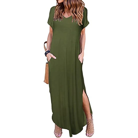 Women's Summer V-Neck Short Sleeve Maxi Dress Loose Casual Solid Color Split Hem Long Dress With Pockets Modal Blend Dress