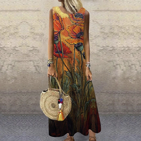 Vestito Lungo Maxi da Donna Senza Maniche Casual Girocollo Ampio Bohemian Stampa Floreale Artistica Estate Spiaggia