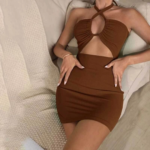 Abito Mini con Scollo a Barchetta e Ritagli Sexy Senza Schiena a Coste Bodycon Tinta Unita Senza Maniche Festa Donna