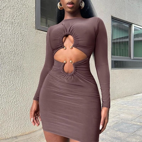 Vestido Mini Ajustado de Manga Larga Sexy para Mujer Cut-Out Anillo de Metal Fruncido Color Sólido Club Fiesta
