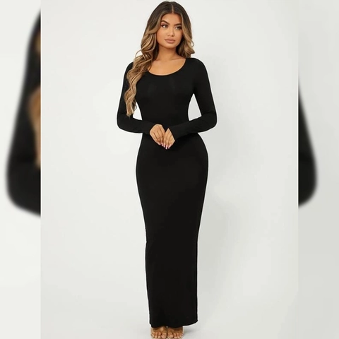 Abito Maxi da Donna Sexy in Maglia Girocollo a Manica Lunga Tinta Unita Vestibilità Aderente Bodycon per Feste