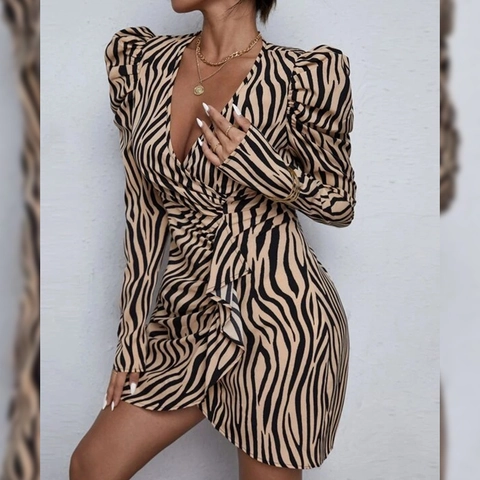 Abito Mini da Donna con Stampa Zebra Scollo a V Maniche a Sbuffo Arricciato Elegante Sexy Vestito Corto per Festa Club