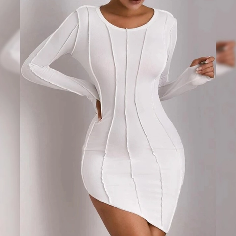 Damen Sexy Rippenstrick Bodycon Mini Kleid Langarm Rundhals Asymmetrischer Saum Offene Nähte Mode Party Slim Fit Kurzes Kleid