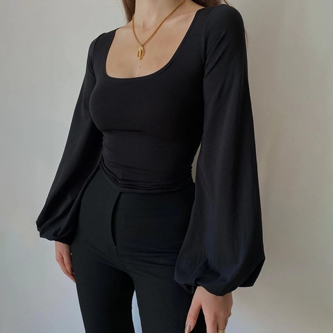Women U Neck Lantern Sleeve Slim Fit T-Shirt Ruched Long Sleeve Knitted Top Solid Color Commuter Elegant Fashion Base Shirt