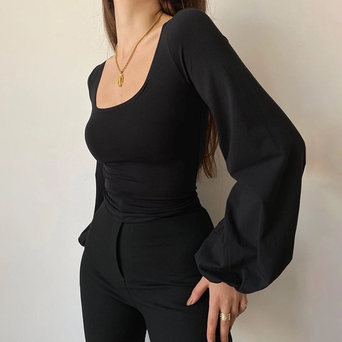 Women U Neck Lantern Sleeve Slim Fit T-Shirt Ruched Long Sleeve Knitted Top Solid Color Commuter Elegant Fashion Base Shirt
