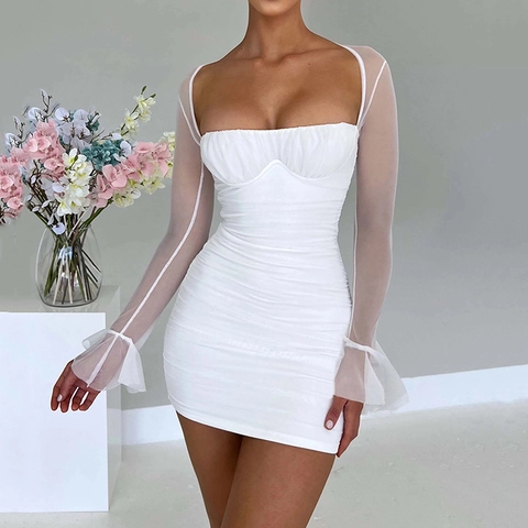 Women Sexy Mesh Long Sleeve Ruched Mini Dress Square Neck Backless Bodycon Party Clubwear Solid Color Slim Fit Short Dress