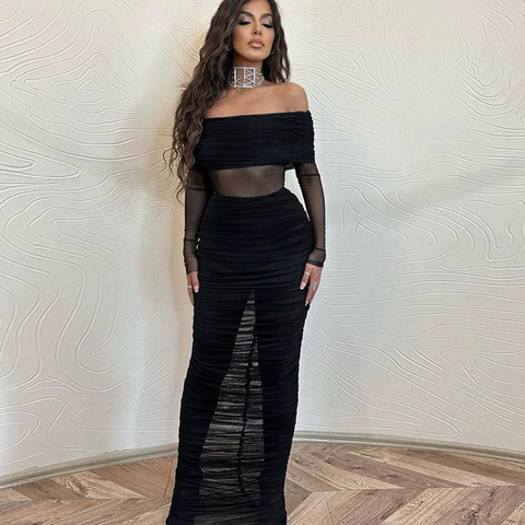 Women Sexy Black Off Shoulder Mesh Ruched Maxi Dress Elegant Slim Fit Long Sleeve Pleated Bodycon Party Evening Dress