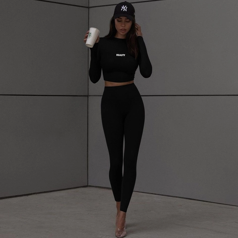 Top Corto De Manga Larga Para Mujer Y Pantalones De Cintura Alta Conjunto De Yoga Con Estampado De Letras Beauty Chándal