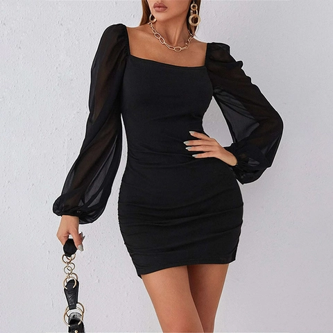 Women Square Neck Ruched Bodycon Mini Dress Elegant Mesh Puff Long Sleeve Solid Color Slim Fit Evening Party Club Dress