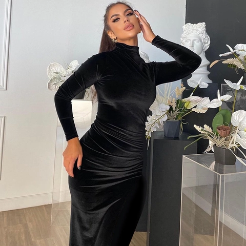 Damen Sexy Stehkragen Langarm Samt Maxikleid Elegant Gerüscht Bodycon Abendparty Langes Kleid Einfarbig Outfit