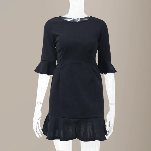 Vestido de Color Sólido para Mujer Mangas con Volantes Cuello Redondo Mangas Acampanadas Slim Fit Midi Dobladillo con Volantes Elegante