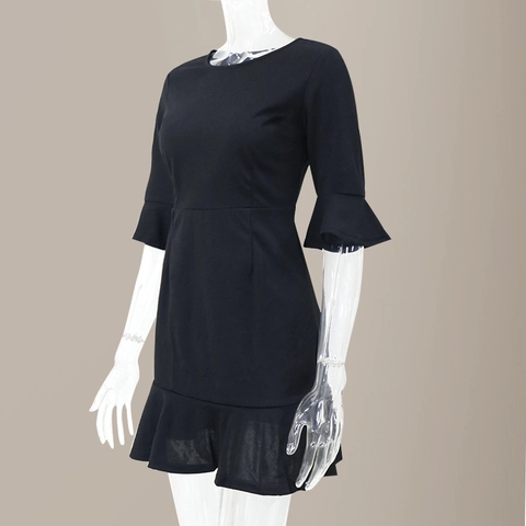 Vestido de Color Sólido para Mujer Mangas con Volantes Cuello Redondo Mangas Acampanadas Slim Fit Midi Dobladillo con Volantes Elegante