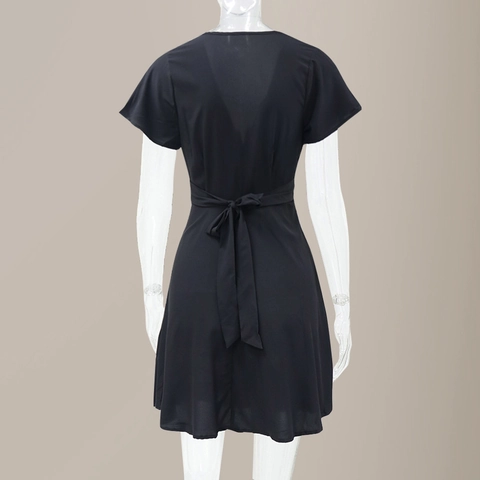 Vestido Envolvente Elegante de Mujer con Cuello en V Manga Corta Verano Casual Ajuste Ceñido con Lazo en la Cintura Línea A Color Sólido Mini Vestido
