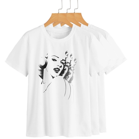 Women's Casual Round Neck Short Sleeve T-Shirt Vintage Iconic Lady Portrait Graphic Print Soft Milk Protein Fiber Top