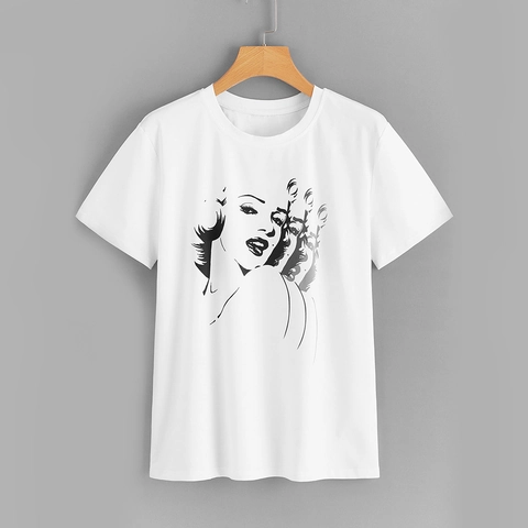 Women's Casual Round Neck Short Sleeve T-Shirt Vintage Iconic Lady Portrait Graphic Print Soft Milk Protein Fiber Top