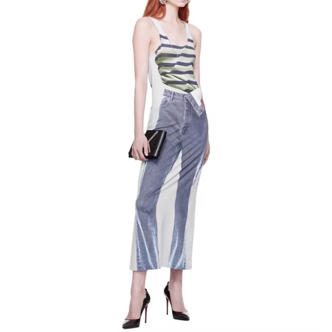 Abito Maxi Senza Maniche con Stampa Trompe L'oeil da Donna Canotta a Righe e Jeans Motivo Stampa Digitale 3D Bodycon