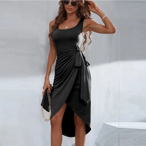 Vestido Midi Fruncido Sin Mangas para Mujer Abertura Asimétrica Ajustado Con Lazo Lateral Color Sólido Fiesta Verano