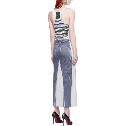 Abito Maxi Senza Maniche con Stampa Trompe L'oeil da Donna Canotta a Righe e Jeans Motivo Stampa Digitale 3D Bodycon