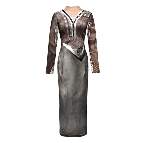 Women's 3D Visual Illusion Print Maxi Dress Long Sleeve V-Neck Trompe-l'oeil Style Slim Fit Casual Party Dress