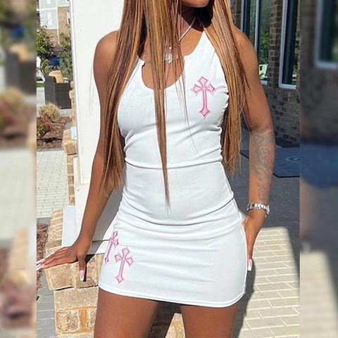 Abito Mini Donna Ricamo Croce Gotica Senza Maniche Scollo Con Intaglio Bodycon Maglia a Costine Streetwear Abito Corto Sexy