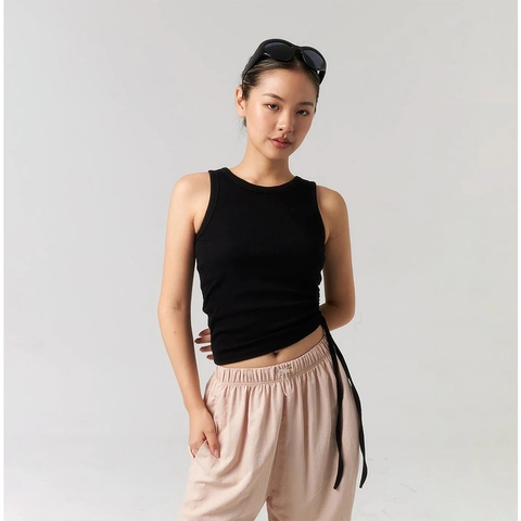 Women Side Drawstring Ribbed Tank Top Sexy Slim Fit Round Neck Sleeveless Solid Color Streetwear Summer Casual Basic Top
