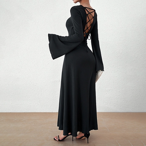 Vestido Maxi Elegante para Mujer Espalda Descubierta con Cordones Corte Ajustado Mangas Acampanadas Color Sólido
