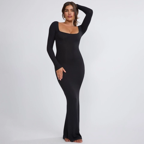 Vestido Maxi Ajustado Sexy para Mujer Cuello Cuadrado Manga Larga Color Sólido Elegante Ajustado Fiesta Vestido Largo Streetwear