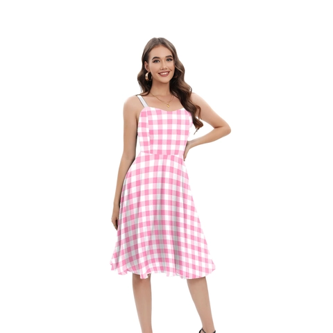 Damen Süßes Rosa Weiß Kariertes Midi-Kleid A-Linie Ärmellos Halter Digitaldruck Sommer Lässig Party Mode Sonnenkleid