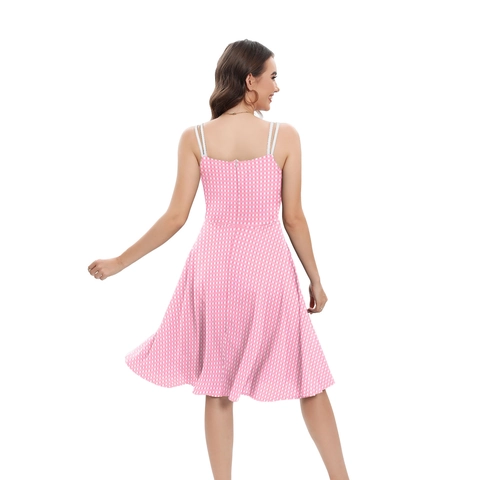 Damen Süßes Rosa Weiß Kariertes Midi-Kleid A-Linie Ärmellos Halter Digitaldruck Sommer Lässig Party Mode Sonnenkleid