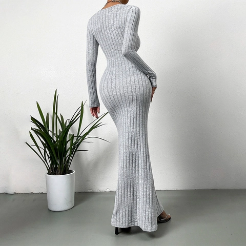 Elegante Vestido Largo para Mujer con Cuello en V Manga Larga de Punto de Canalé Ajustado Abertura Lateral Cepillado Color Sólido