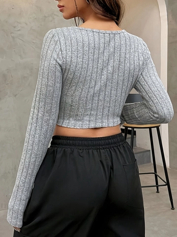Women Ribbed Knit Long Sleeve Crop Top U Neck Slim Fit Brushed Fabric Solid Color Curved Hem Fashion Streetwear Casual T-Shirt