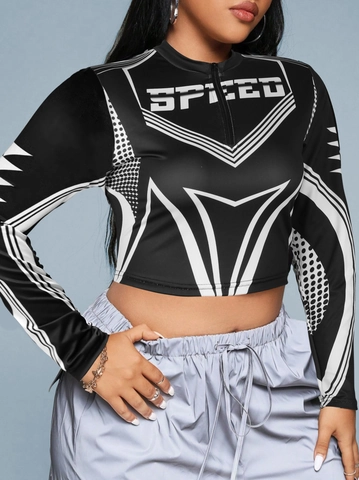 Dames Racing Stijl Crop Top Lange Mouwen Slim Fit Moto Streetwear Opstaande Kraag Rits Zwart Wit Letterprint T-shirt