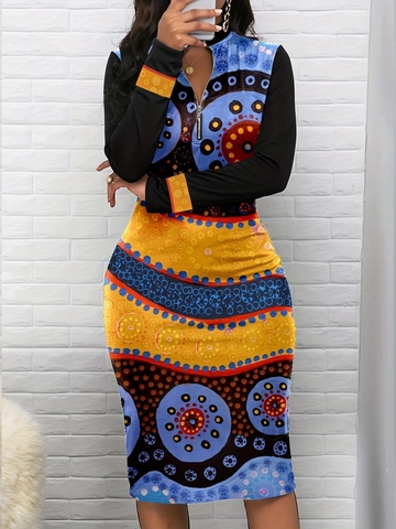 Vestito Midi Bodycon da Donna con Stampa Geometrica Boho Elegante Manica Lunga Collo Rialzato Cerniera Slim Fit Tubino