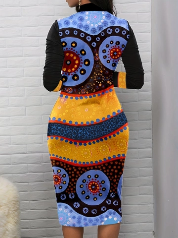 Vestito Midi Bodycon da Donna con Stampa Geometrica Boho Elegante Manica Lunga Collo Rialzato Cerniera Slim Fit Tubino