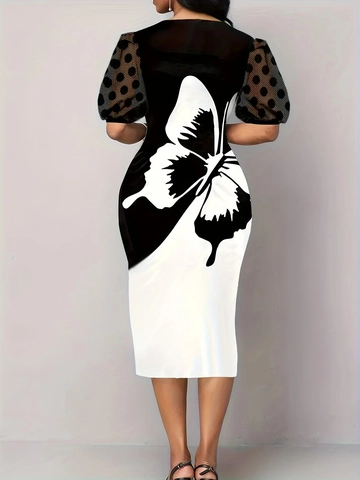 Abito Longuette da Donna con Stampa Farfalla Elegante a Pois in Rete con Maniche a Palloncino Bianco Nero Slim Fit Party