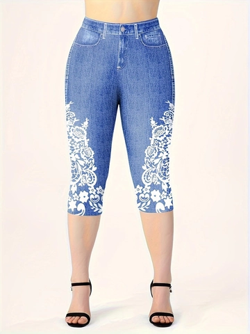 Damen Hohe Taille Butt Lifting Capri Leggings Denim Druck Blumen Spitze Muster Casual Slim Fit Yoga Hose Blau