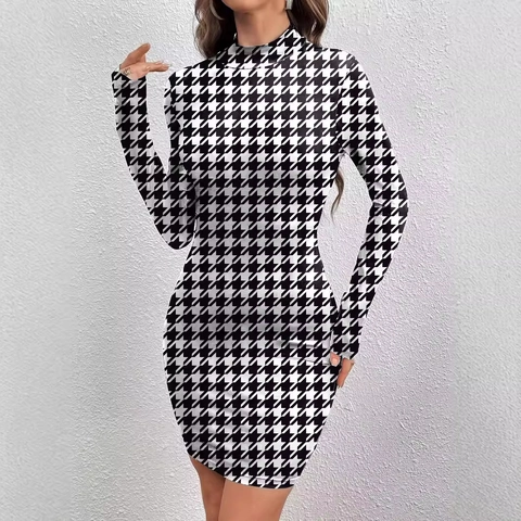 Mujer Pata De Gallo Ajustado Manga Larga Cuello Alto Vestido Elegante Bodycon Midi Vestido Para Oficina Fiesta Moda Poliéster Conjunto