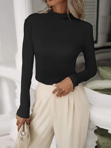 Women Mock Neck Long Sleeve T-Shirt Slim Fit Milk Silk Solid Color Base Layer Top For Commuting Elegant Ladies Clothing