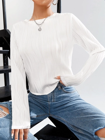 Damen Casual Rippstrick Langarm T-Shirt Rundhals Einfarbig Polyester Slim Fit Pullover Herbst Basic Top Weiß