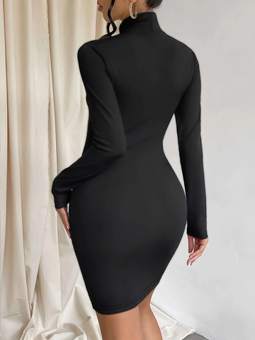 Vestido Ajustado Elegante para Mujer con Cuello Alto y Manga Larga Ajustado Color Sólido Negro Mini Vestido para Otoño Fiesta Club