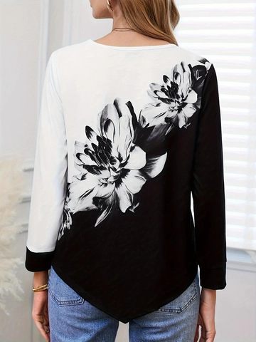 Women Casual Crew Neck Long Sleeve T-Shirt Black White Color Block Floral Print Loose Fit Top Elegant Daily Wear Shirt