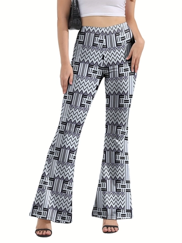 Women High Waist Flare Pants Geometric Print Boho Slim Leggings Milk Silk Elastic Vintage Bell Bottom Trousers Daily Casual
