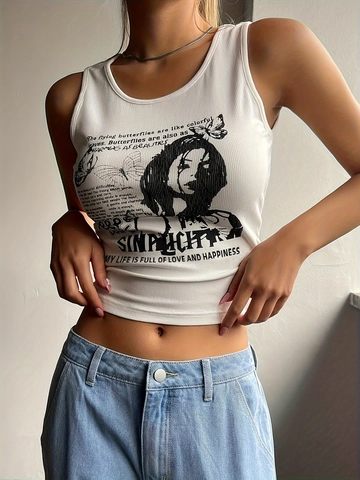 Canotta Racerback Vintage Y2K per Donna Maglia a Costine Senza Maniche Crop Top Con Stampa Grafica Ritratto Farfalla Streetwear Sexy Gilet