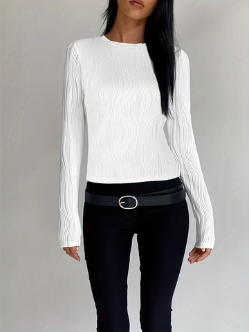 Damen Casual Rippstrick Langarm T-Shirt Rundhals Einfarbig Polyester Slim Fit Pullover Herbst Basic Top Weiß